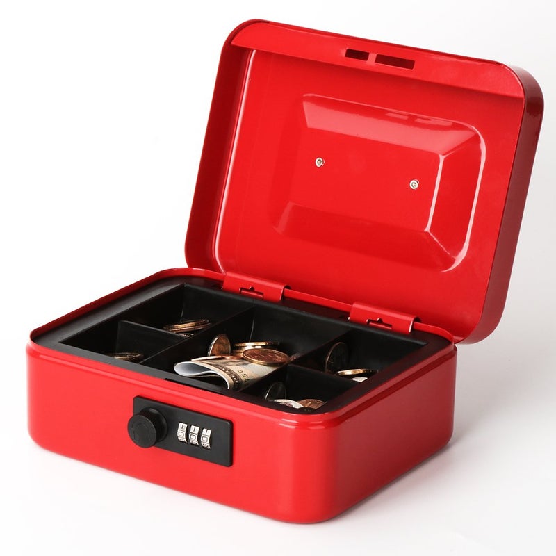 Decaller Cash Box with Combination Lock, Safe Metal Small Locking Box with Money Tray, 7 4/5" x 6 4/5" x 3 3/5", Red, QH2006S - Image 2